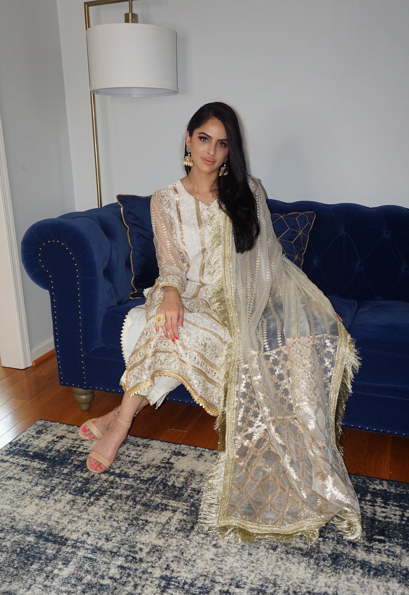 Beautifully handmade Pakistani wedding dress in USA. The Opal dress is made with organza with intricate fold embroidery, perfect for Nikkah