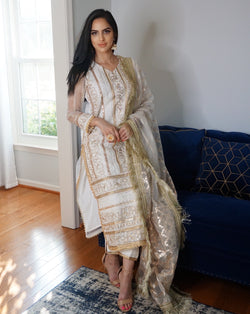 White and gold Indian dress. Intricate gota work throughout. Indian dress USA online