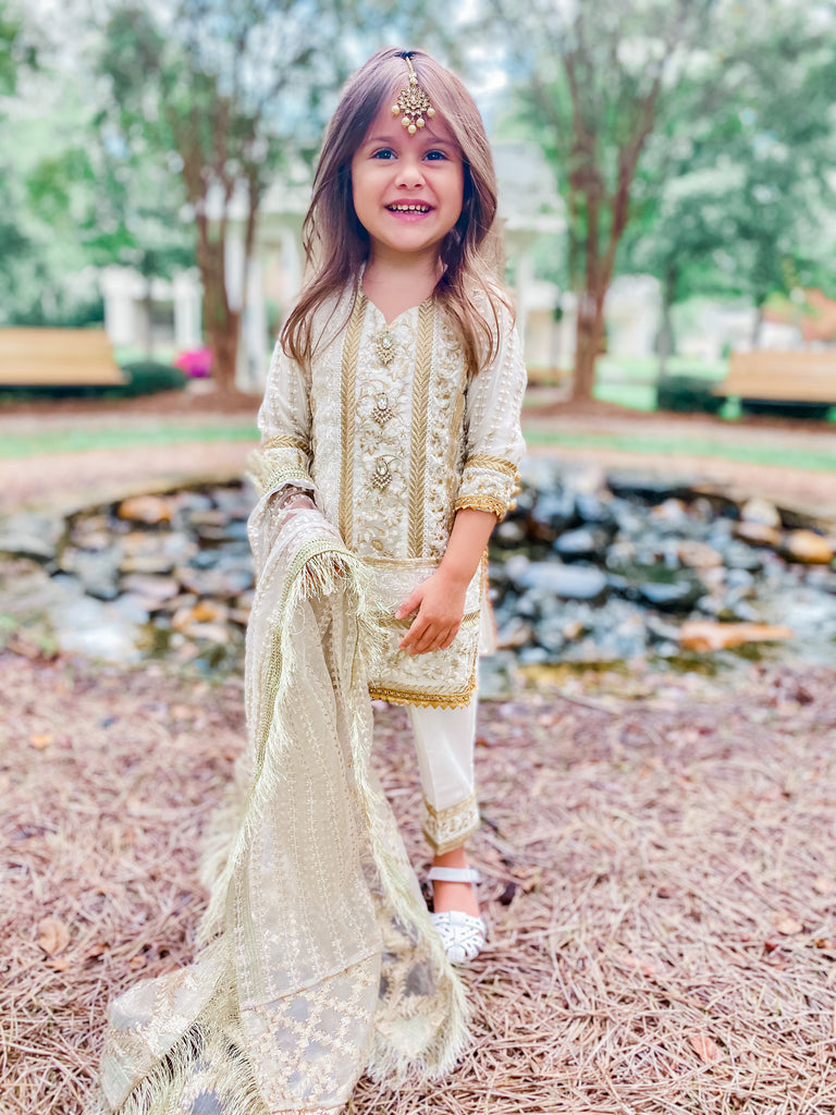Opal Kids 3 Piece Stitched Suit (Off white and Gold) – Ayla Noor